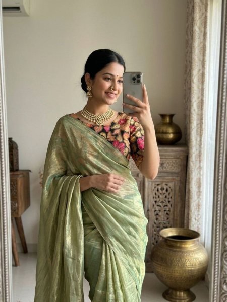 Ornate Pista Designer Satin Saree with Position Print Blouse for Women Sarees 