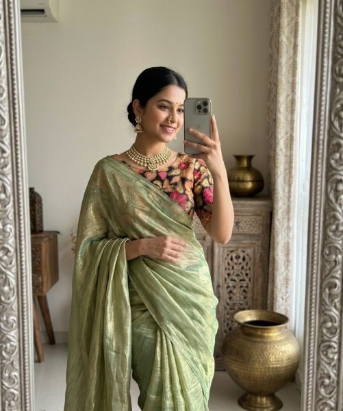 Ornate Pista Designer Satin Saree with Position Print Blouse for Women Silk Sarees Wholesale