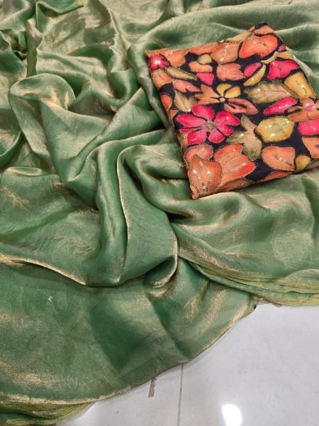 Ornate Pista Designer Satin Saree with Position Print Blouse for Women Silk Sarees Wholesale