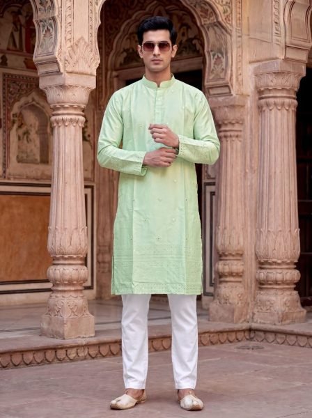 Ornate Pista Men Malai Silk Kurta with Heavy Embroidery Work Kurta Pajama Wholesale