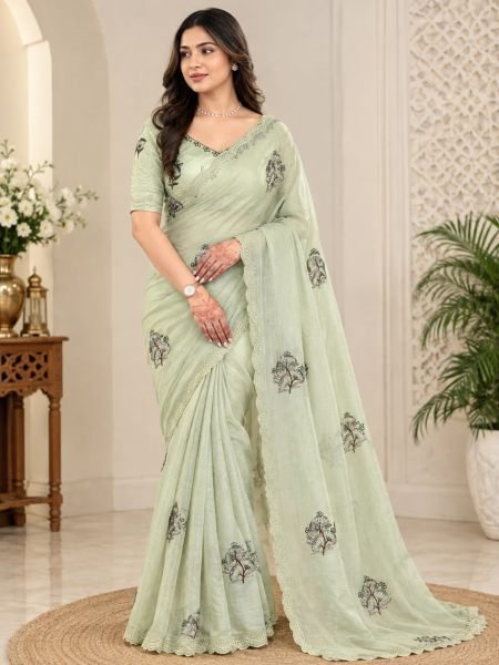 Ornate Pista Organza Saree with Multi Thread and Cutwork Work for Wedding Wear 