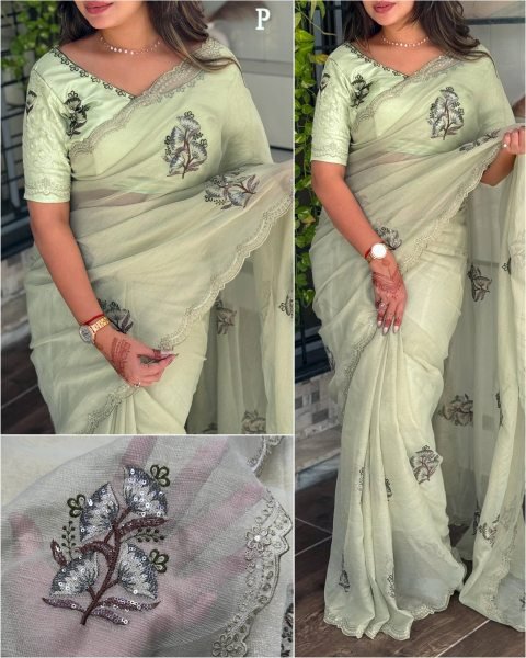 Ornate Pista Organza Saree with Multi Thread and Cutwork Work for Wedding Wear Embroidery Sarees Wholesale