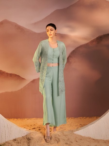 Ornate Pista Pure Organza Top and Bottom Set WIth Embroidery Work 