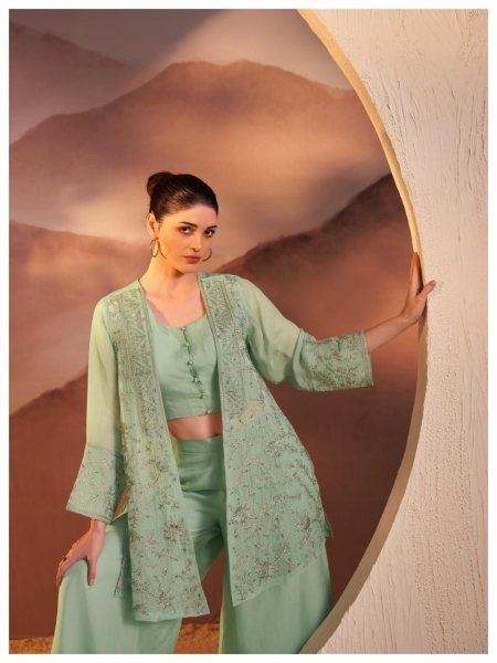 Ornate Pista Pure Organza Top and Bottom Set WIth Embroidery Work Designer Plazzo Salwar Suits Wholesale