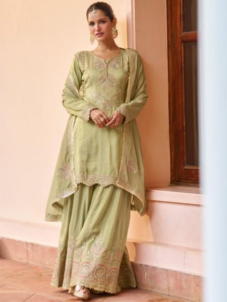Ornate Pista Real Chinon Top with Heavy Worked Palazzo and Dupatta For Diwali Wear Salwar Kameez