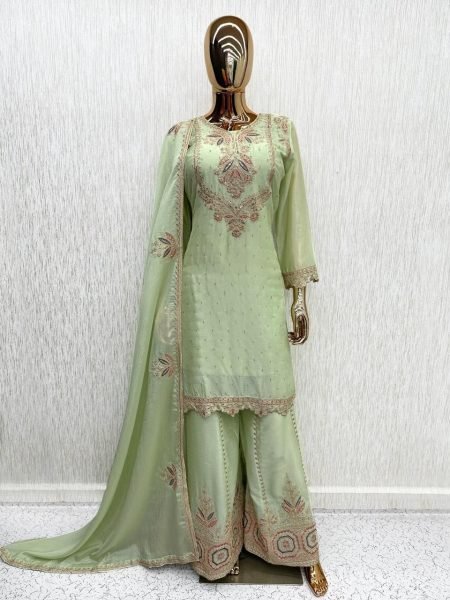 Ornate Pista Real Chinon Top with Heavy Worked Palazzo and Dupatta For Diwali Wear Designer Plazzo Salwar Suits Wholesale