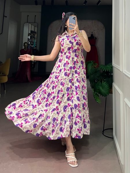 Ornate Purple Casual Wear Maslin Silk Floral Dress with 4 Meter Flair at Wholesale Rate 