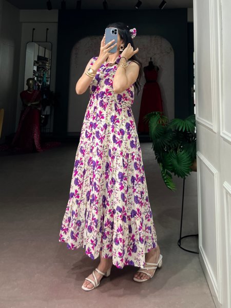 Ornate Purple Casual Wear Maslin Silk Floral Dress with 4 Meter Flair at Wholesale Rate Western Ladies Top Wholesale