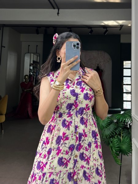 Ornate Purple Casual Wear Maslin Silk Floral Dress with 4 Meter Flair at Wholesale Rate Western Ladies Top Wholesale