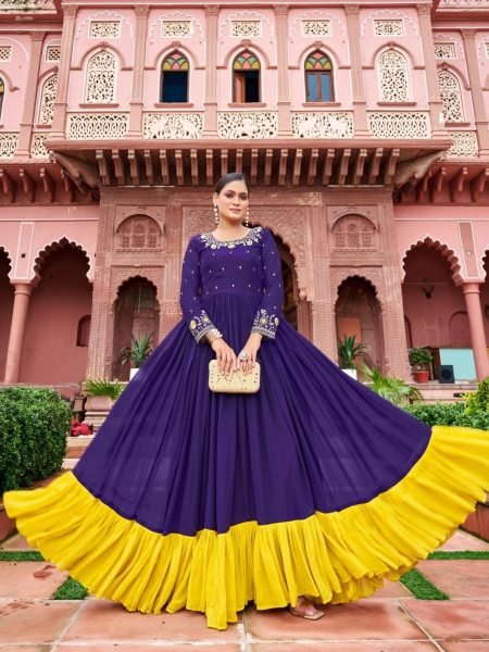 Ornate Purple Premium Georgette Gown for Wedding and Reception Wear Kurtis