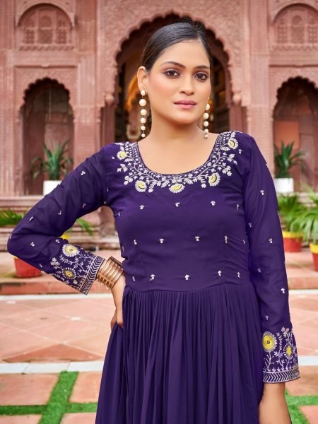 Ornate Purple Premium Georgette Gown for Wedding and Reception Wear Anarkali Kurtis 