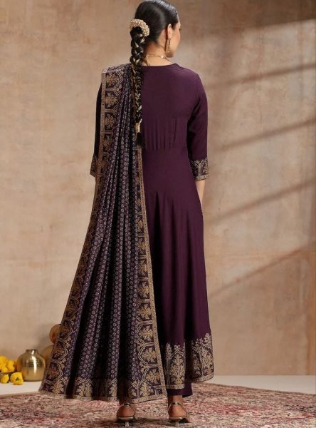 Ornate Purple Rayon Foil Printed Anarkali Suit Set with Dupatta For Cost-Effective Bulk Orders Ready To Wear Collection