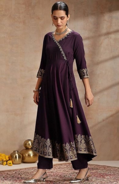 Ornate Purple Rayon Foil Printed Anarkali Suit Set with Dupatta For Cost-Effective Bulk Orders Ready To Wear Collection