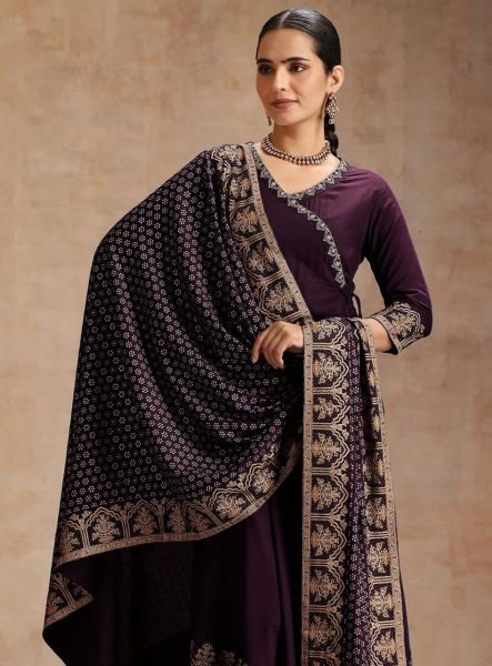 Ornate Purple Rayon Foil Printed Anarkali Suit Set with Dupatta For Cost-Effective Bulk Orders Ready To Wear Collection