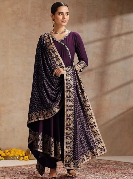 Ornate Purple Rayon Foil Printed Anarkali Suit Set with Dupatta For Cost-Effective Bulk Orders Ready To Wear Collection