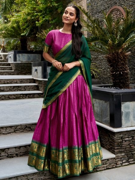 Ornate Rani Pink Green Designer Checks Lehenga with Georgette Dupatta and Lace Border 