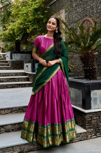 Ornate Rani Pink Green Designer Checks Lehenga with Georgette Dupatta and Lace Border Half Saree Lehenga
