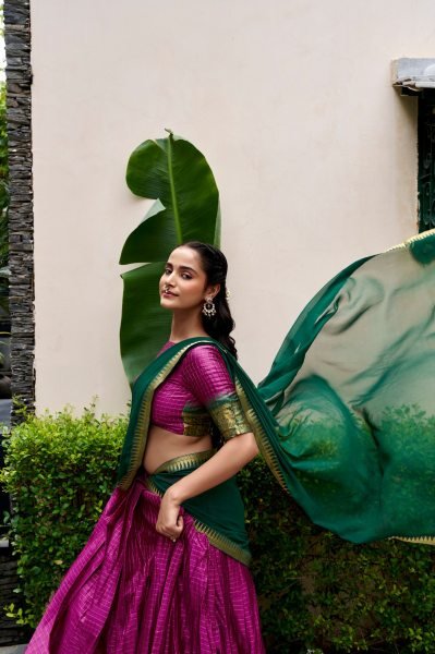 Ornate Rani Pink Green Designer Checks Lehenga with Georgette Dupatta and Lace Border Half Saree Lehenga