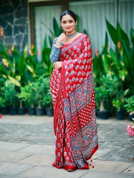 Ornate Red Designer Printed Chinon Silk Saree with Mirror Work and Tassels for Wedding Sarees 