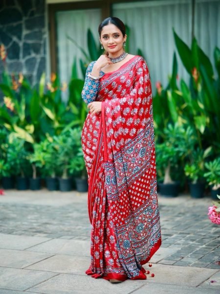 Ornate Red Designer Printed Chinon Silk Saree with Mirror Work and Tassels for Wedding Silk Sarees Wholesale