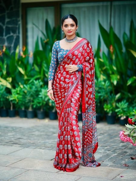Ornate Red Designer Printed Chinon Silk Saree with Mirror Work and Tassels for Wedding Silk Sarees Wholesale