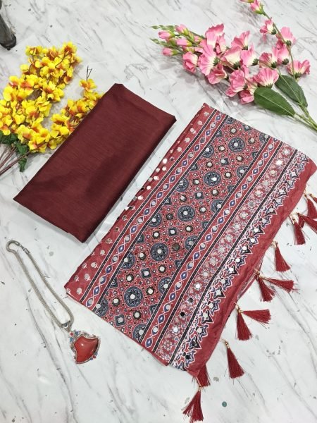 Ornate Red Designer Printed Chinon Silk Saree with Mirror Work and Tassels for Wedding Silk Sarees Wholesale