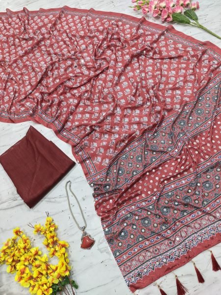 Ornate Red Designer Printed Chinon Silk Saree with Mirror Work and Tassels for Wedding Silk Sarees Wholesale