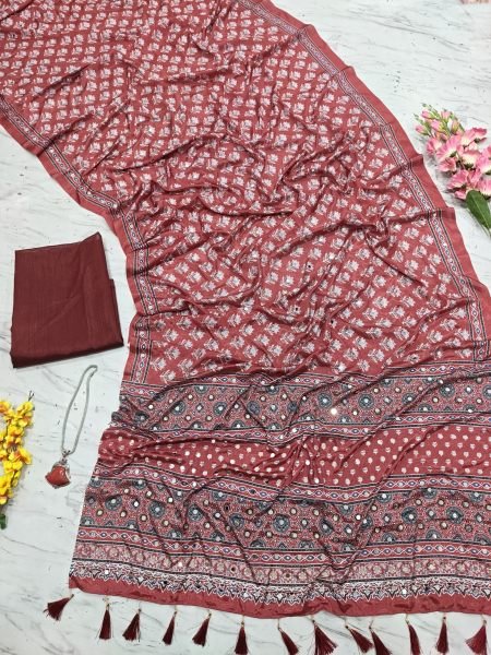 Ornate Red Designer Printed Chinon Silk Saree with Mirror Work and Tassels for Wedding Silk Sarees Wholesale