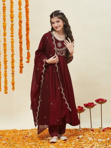 Ornate Red Fully Stitched Kids Kurti With Pant and Dupatta for International Kidswear Exporters Girls Wear