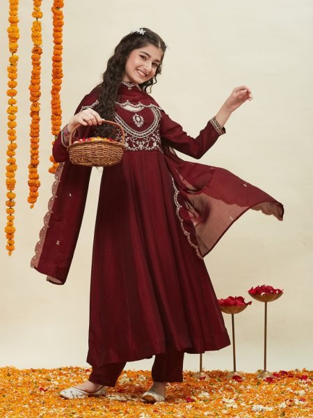 Ornate Red Fully Stitched Kids Kurti With Pant and Dupatta for International Kidswear Exporters Girls Wear