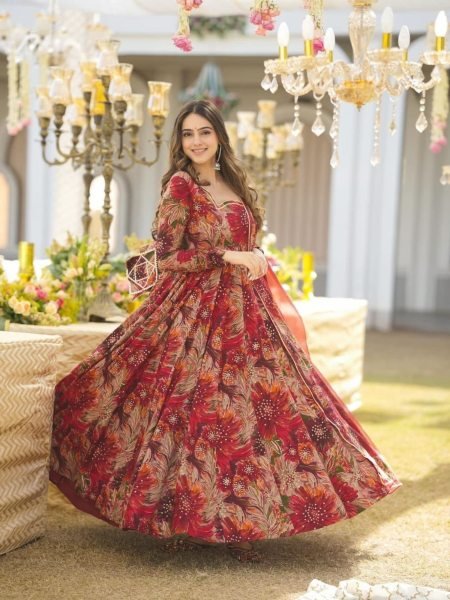 Ornate Red Maslin Printed Anarkali Gown with Georgette Dupatta for Party Wear Ready To Wear Suit
