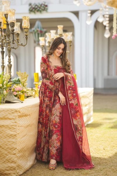 Ornate Red Maslin Printed Anarkali Gown with Georgette Dupatta for Party Wear Ready To Wear Collection