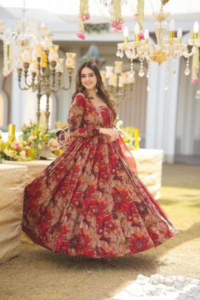 Ornate Red Maslin Printed Anarkali Gown with Georgette Dupatta for Party Wear Ready To Wear Collection