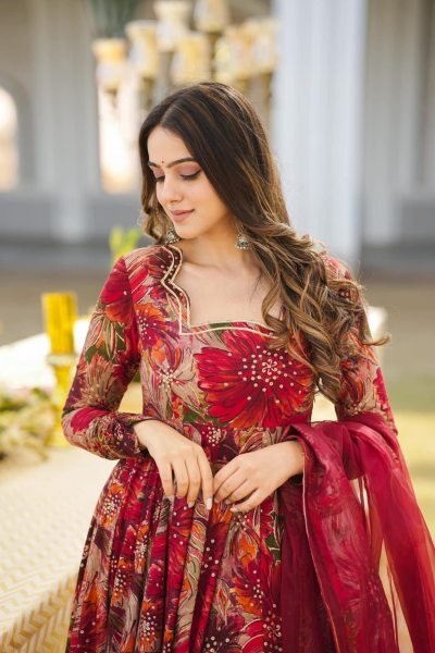 Ornate Red Maslin Printed Anarkali Gown with Georgette Dupatta for Party Wear Ready To Wear Collection