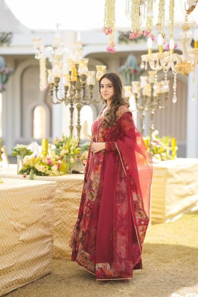 Ornate Red Maslin Printed Anarkali Gown with Georgette Dupatta for Party Wear Ready To Wear Collection