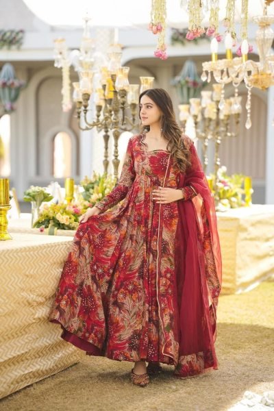 Ornate Red Maslin Printed Anarkali Gown with Georgette Dupatta for Party Wear Ready To Wear Collection