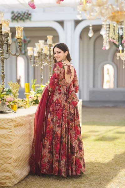 Ornate Red Maslin Printed Anarkali Gown with Georgette Dupatta for Party Wear Ready To Wear Collection