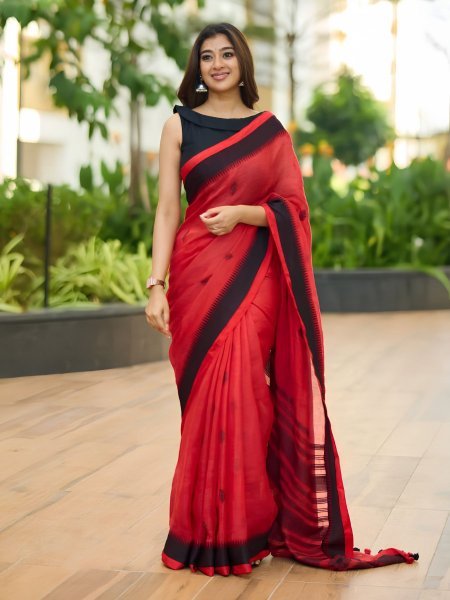 Ornate Red Soft Linen Slub Saree Collection with Premium Jacquard Weaving Pattern 