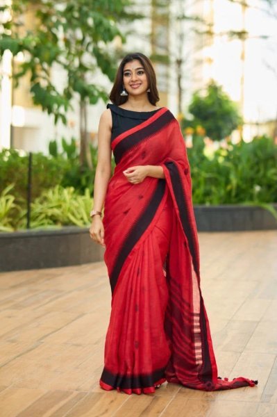 Ornate Red Soft Linen Slub Saree Collection with Premium Jacquard Weaving Pattern Linen Sarees Wholesale