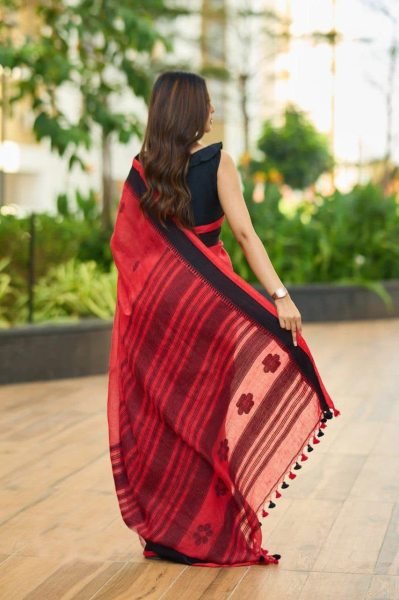 Ornate Red Soft Linen Slub Saree Collection with Premium Jacquard Weaving Pattern Linen Sarees Wholesale