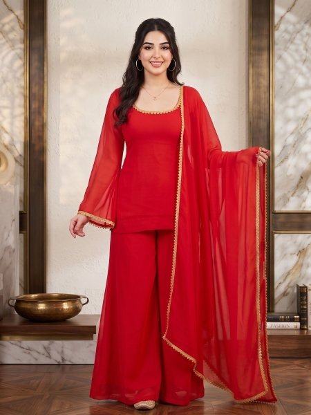 Ornate Red Women s 90s Style Palazzo Suit with Premium Georgette Fabric Kurtis