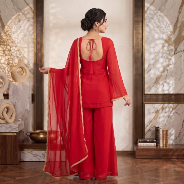 Ornate Red Women s 90s Style Palazzo Suit with Premium Georgette Fabric Georgette Kurti 