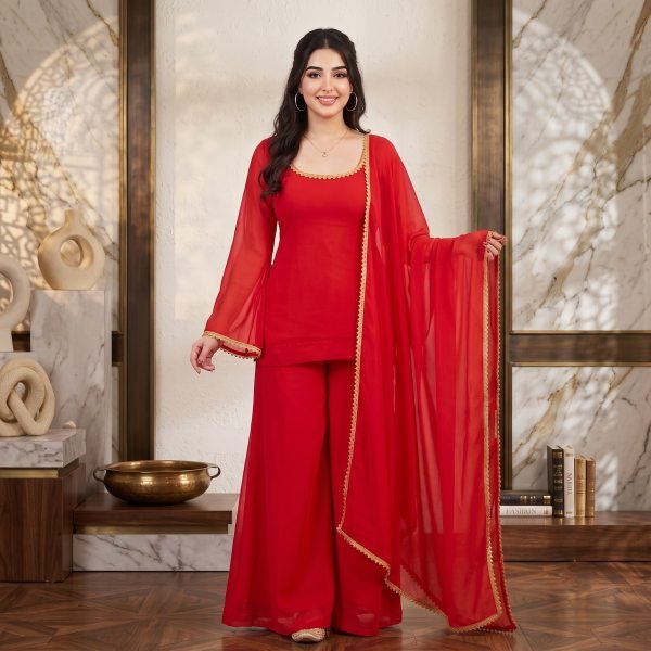 Ornate Red Women s 90s Style Palazzo Suit with Premium Georgette Fabric Georgette Kurti 