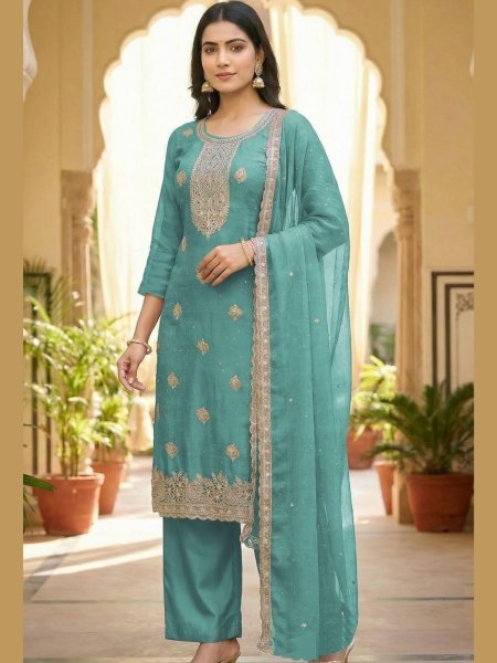Ornate Sky Blue Premium Crunchy Shaded Salwar Suit with Heavy Embroidery for Parties Salwar Kameez