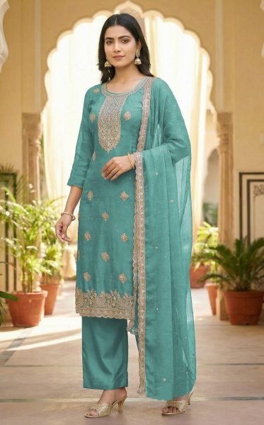 Ornate Sky Blue Premium Crunchy Shaded Salwar Suit with Heavy Embroidery for Parties Embroidery Suits Wholesale
