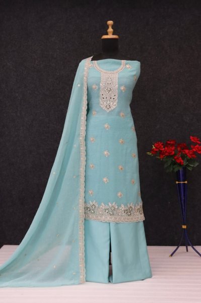 Ornate Sky Blue Premium Crunchy Shaded Salwar Suit with Heavy Embroidery for Parties Embroidery Suits Wholesale