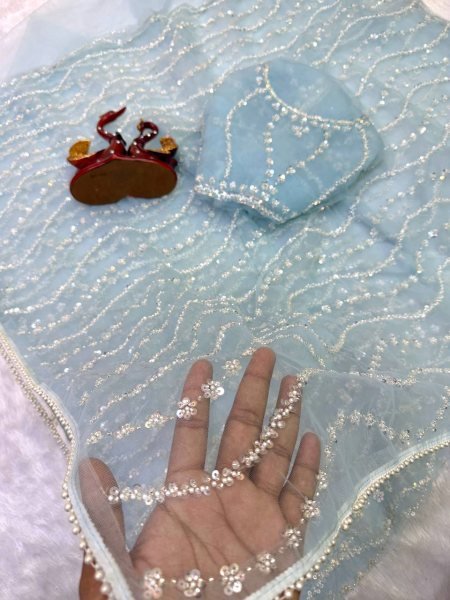 Ornate Sky Blue Soft Net Saree with Sequins Beads Embroidery For Wholesale Rate Bollywood Fancy Sarees Wholesale