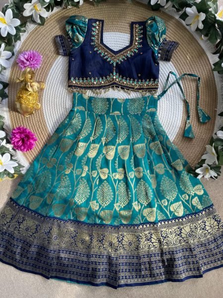 Ornate Teal Blue Fancy Kids Lehenga with Heavy Embroidered Blouse Girls Wear