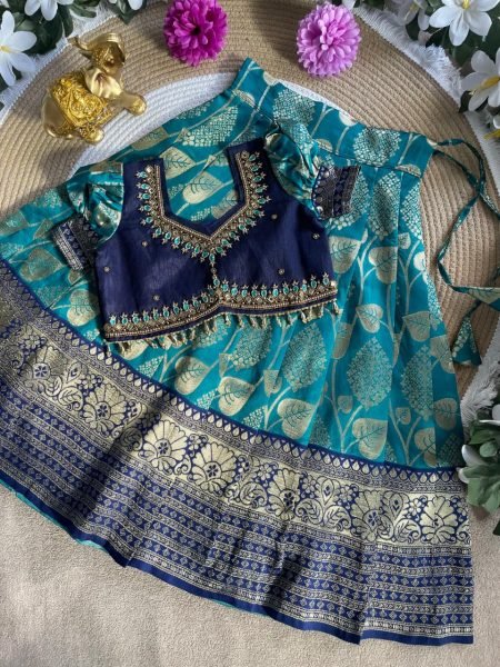 Ornate Teal Blue Fancy Kids Lehenga with Heavy Embroidered Blouse Girls Wear