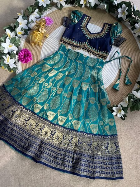Ornate Teal Blue Fancy Kids Lehenga with Heavy Embroidered Blouse Girls Wear